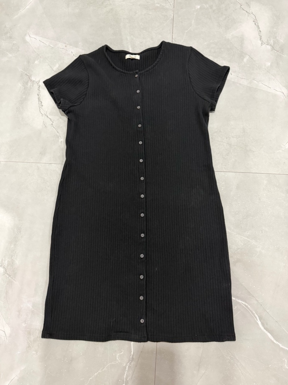 Madewell Black Button-Front Ribbed Short Sleeve Dress